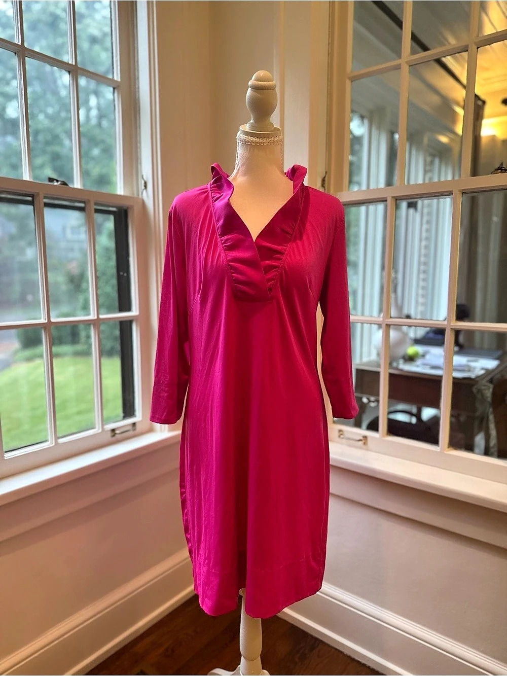 Gretchen Scott Ruffneck Dress - Solid Long Sleeve Midi Pink Medium